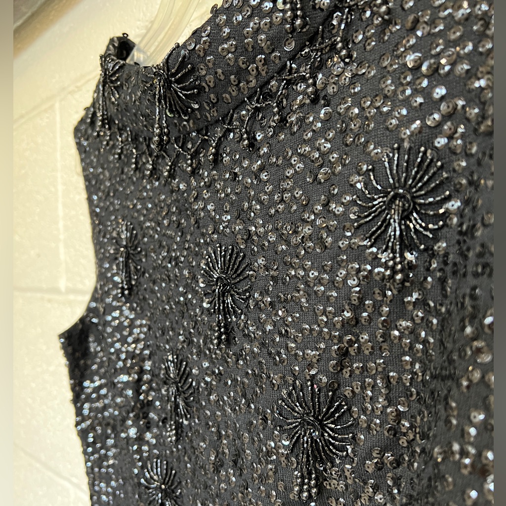 Vintage Wool Beaded Sequin Zip Up Sleeveless Top With Cowled Neckline Detail
